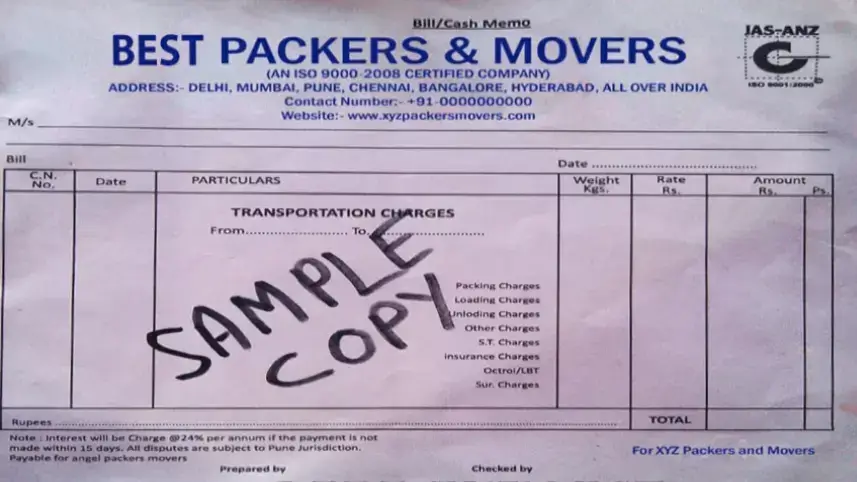 Bill or Invoice of Packers and Movers Bill for Claim